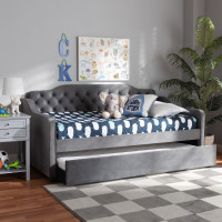 Baxton Studio Freda-Grey Velvet-Daybed-T/T Freda Traditional and Transitional Grey Velvet Fabric Upholstered and Button Tufted Twin Size Daybed with Trundle